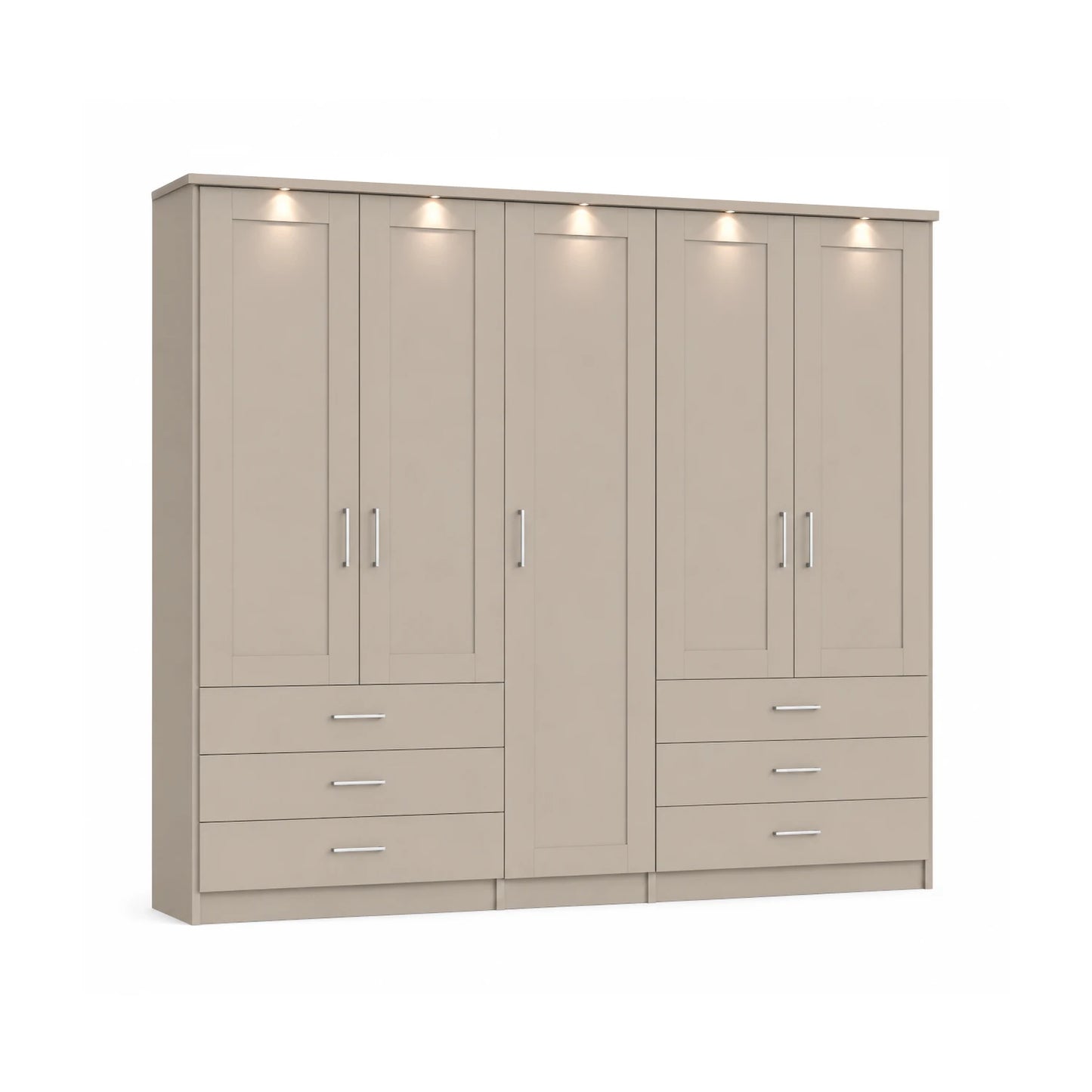 Wiemann Kempton Champagne 250cm large 5 Door wardrobe with 6 drawers and LED Light Cornice