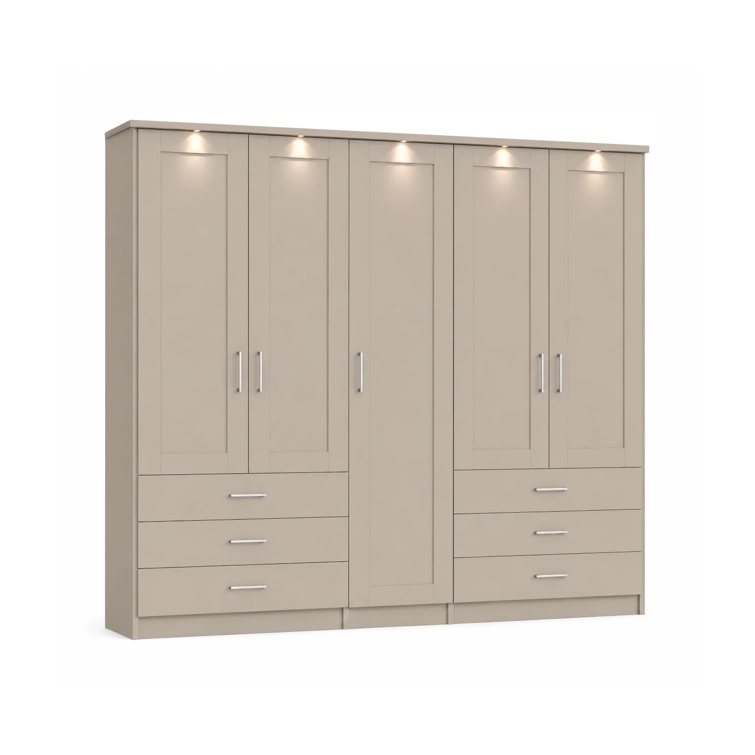 Wiemann Kempton Champagne 250cm large 5 Door wardrobe with 6 drawers and LED Light Cornice