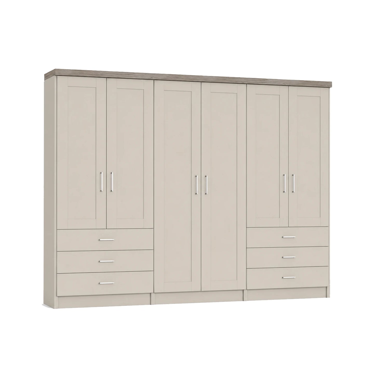 Wiemann Kempton Champagne 300cm large 6 Door wardrobe with 6 drawers and Oak Cornice