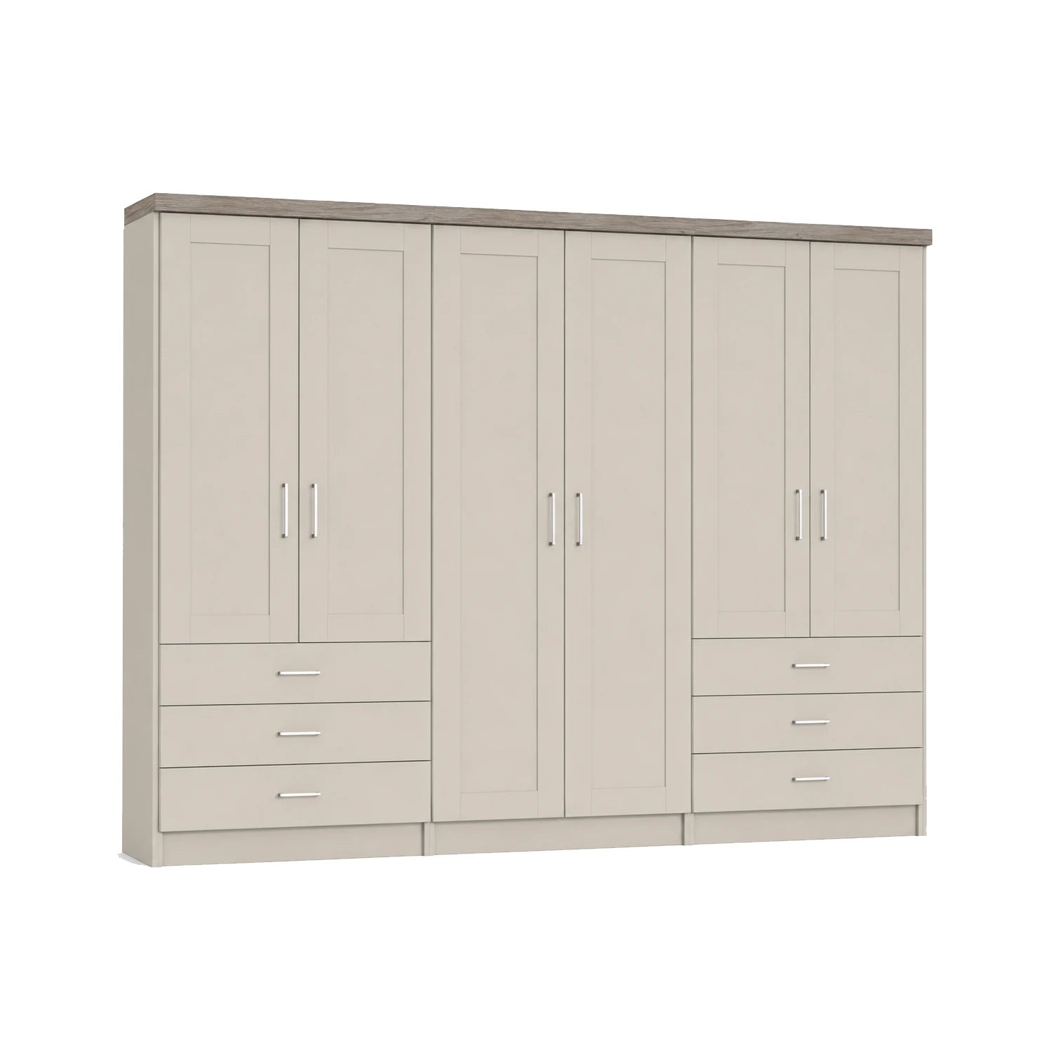 Wiemann Kempton Champagne 300cm large 6 Door wardrobe with 6 drawers and Oak Cornice