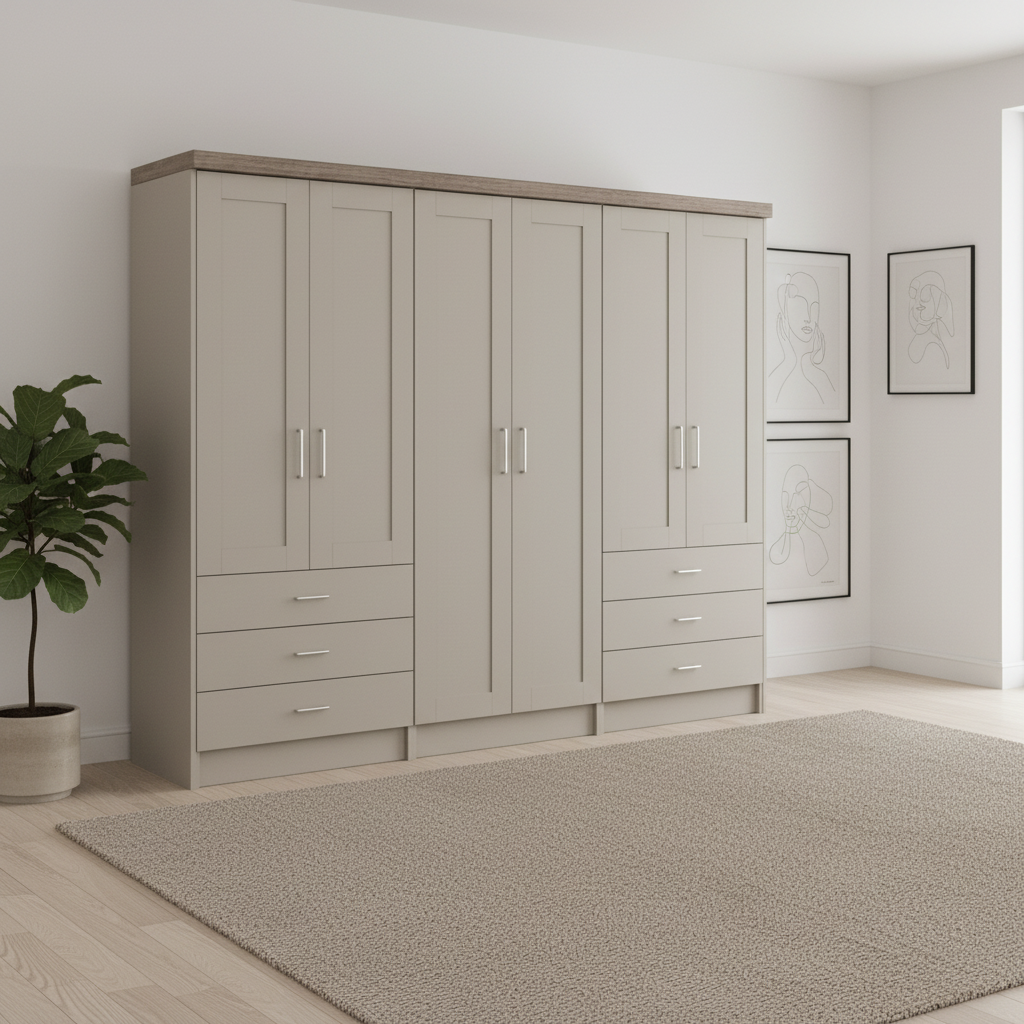 Shop the Wiemann Kempton Pebble Grey 300cm large wardrobe with drawers. Mirror option, LED cornice upgrade, free assembly and German quality.