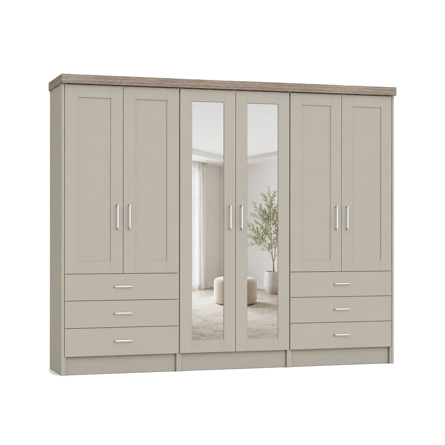 Wiemann Kempton Pebble Grey 300cm large 6 Door wardrobe with 6 drawers, Cornice and Mirror