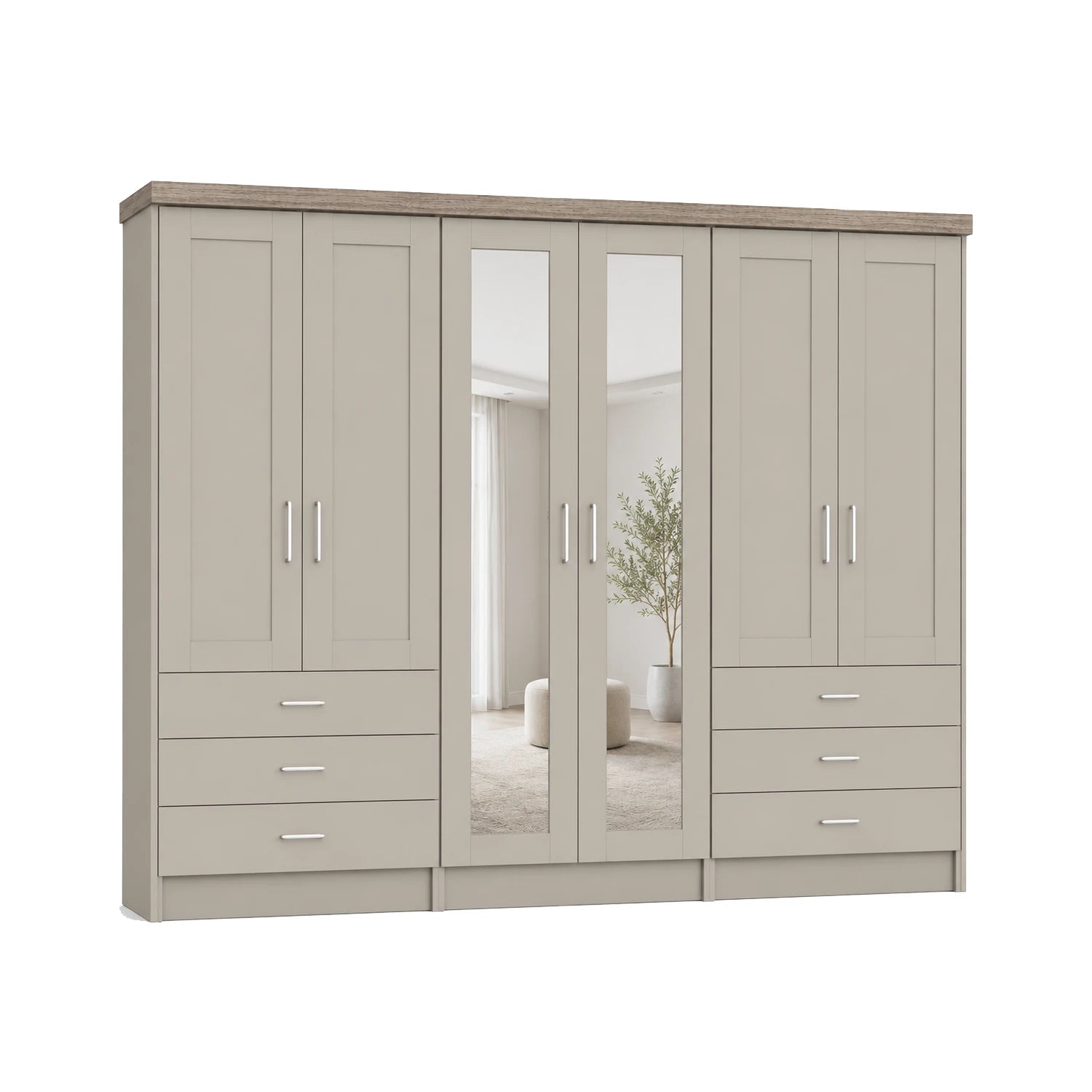 Wiemann Kempton Pebble Grey 300cm large 6 Door wardrobe with 6 drawers, Cornice and Mirror