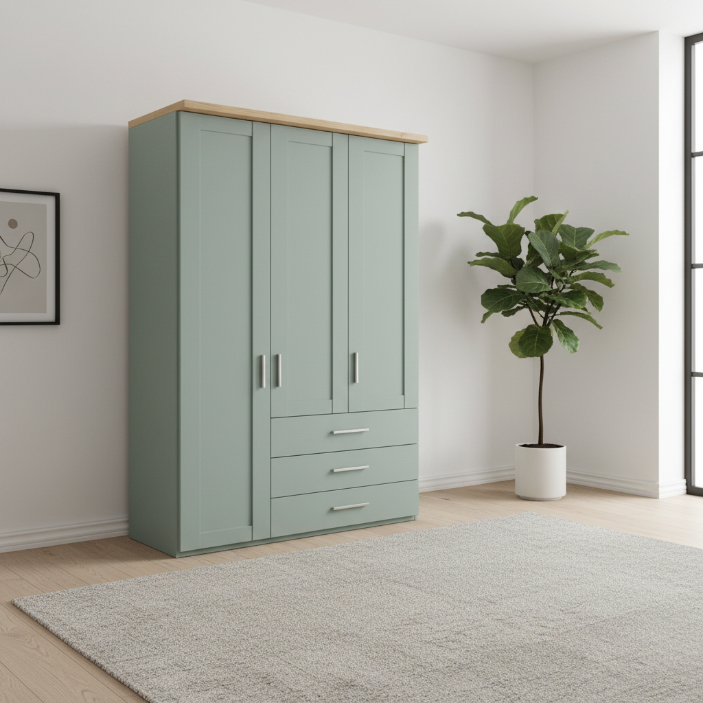 Shaker style Wiemann Kempton 150cm 3 door wardrobe with drawers in Sage Green and Nordic Oak Cornice