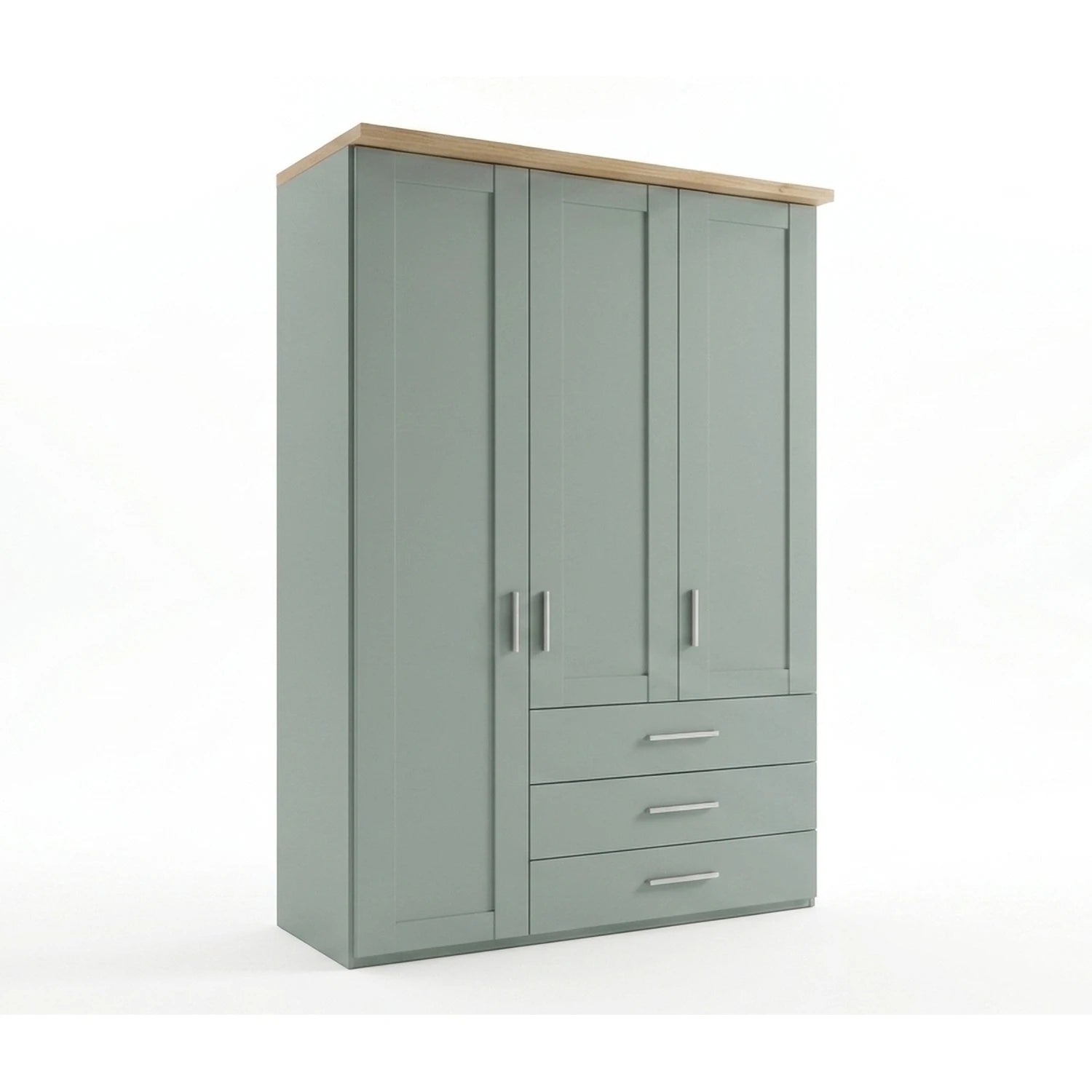 Shaker style Wiemann Kempton Sage Green 150cm 3 door wardrobe with drawers and Nordic Oak Cornice