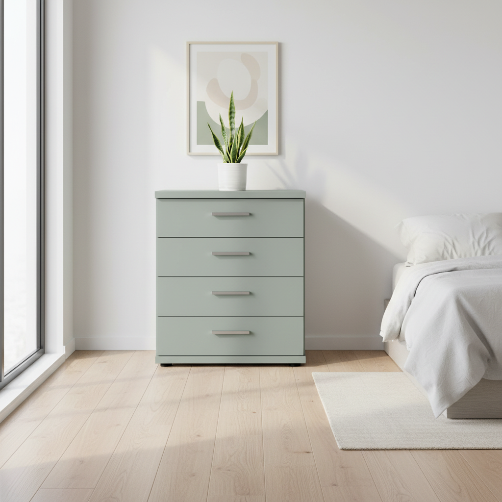 Shop the Wiemann Kempton 4 drawer narrow chest. Available in 4 colours with optional Nordic Oak top and delivered assembled.