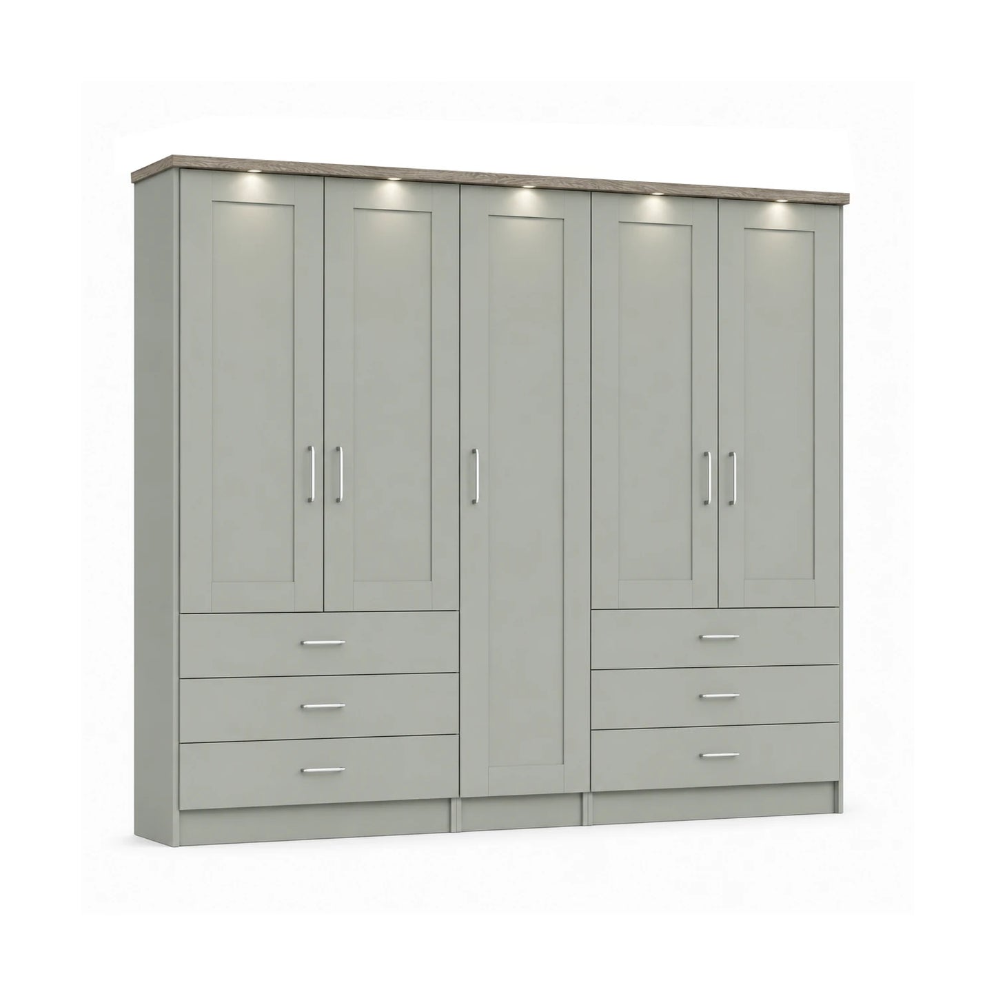 Wiemann Kempton Sage Green 250cm large 5 Door wardrobe with 6 drawers and LED light Oak Cornice