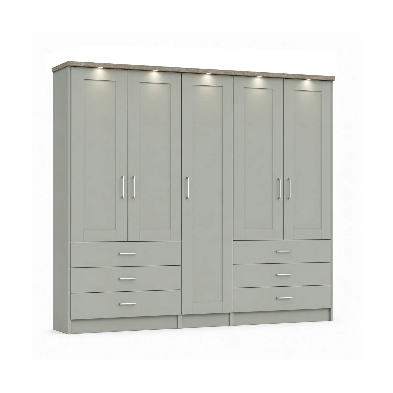 Wiemann Kempton Sage Green 250cm large 5 Door wardrobe with 6 drawers and LED light Oak Cornice