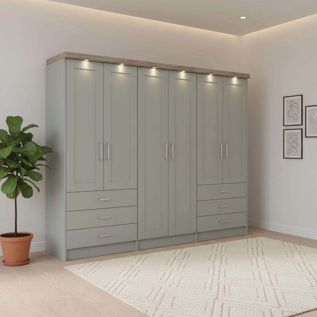 Wiemann Kempton Sage Green 300cm large wardrobe with 6 drawers and Cornice with Lights free assembly and German quality.