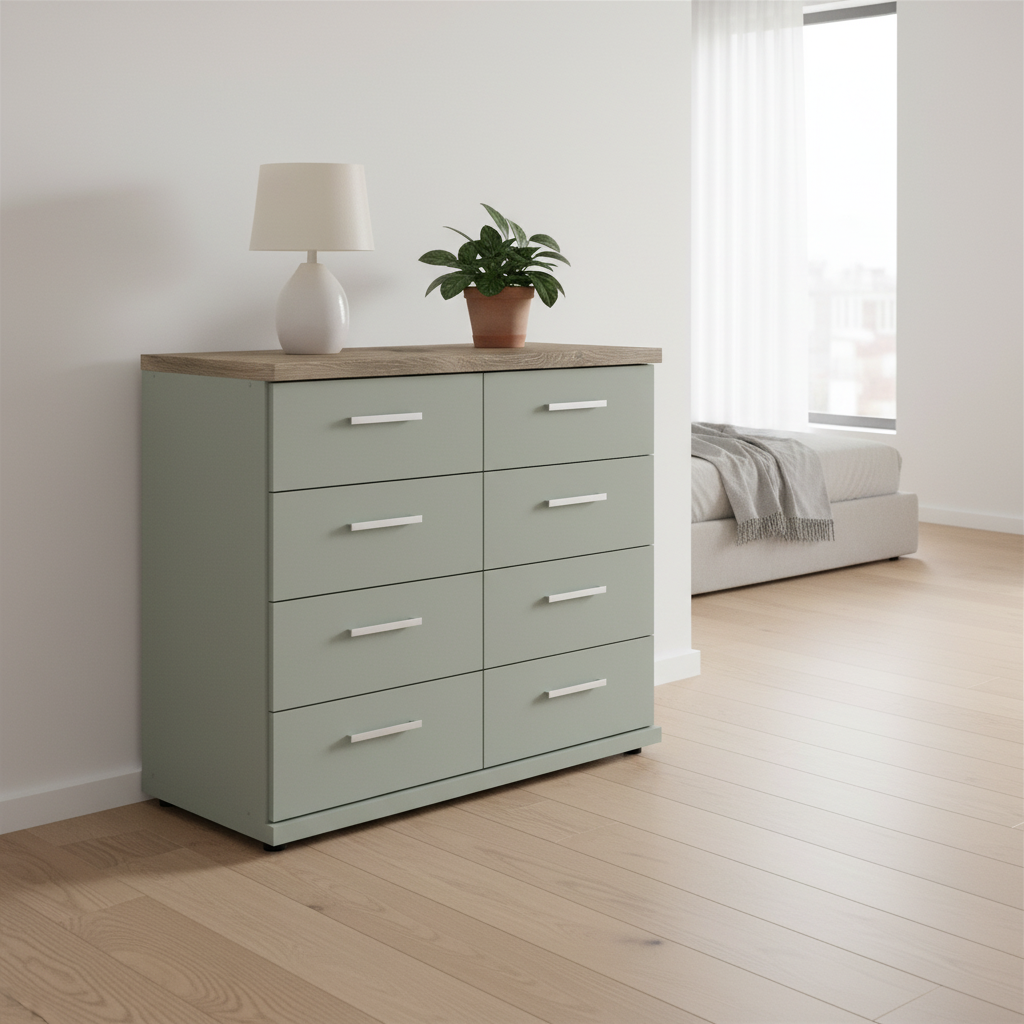 Shop the Wiemann Kempton Sage Green 8 drawer chest with Nordic Oak Top. 