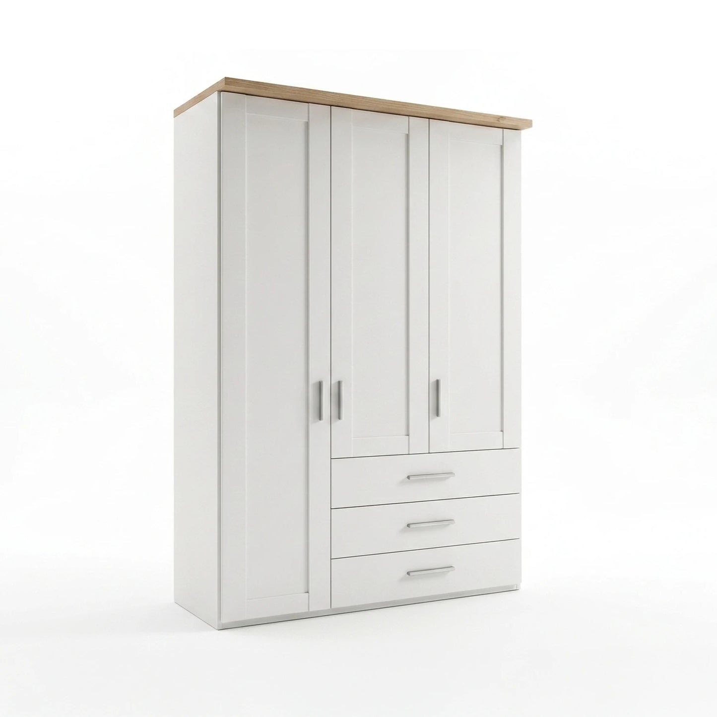 Shaker style Wiemann Kempton White 150cm 3 door wardrobe with drawers and Nordic Oak Cornice