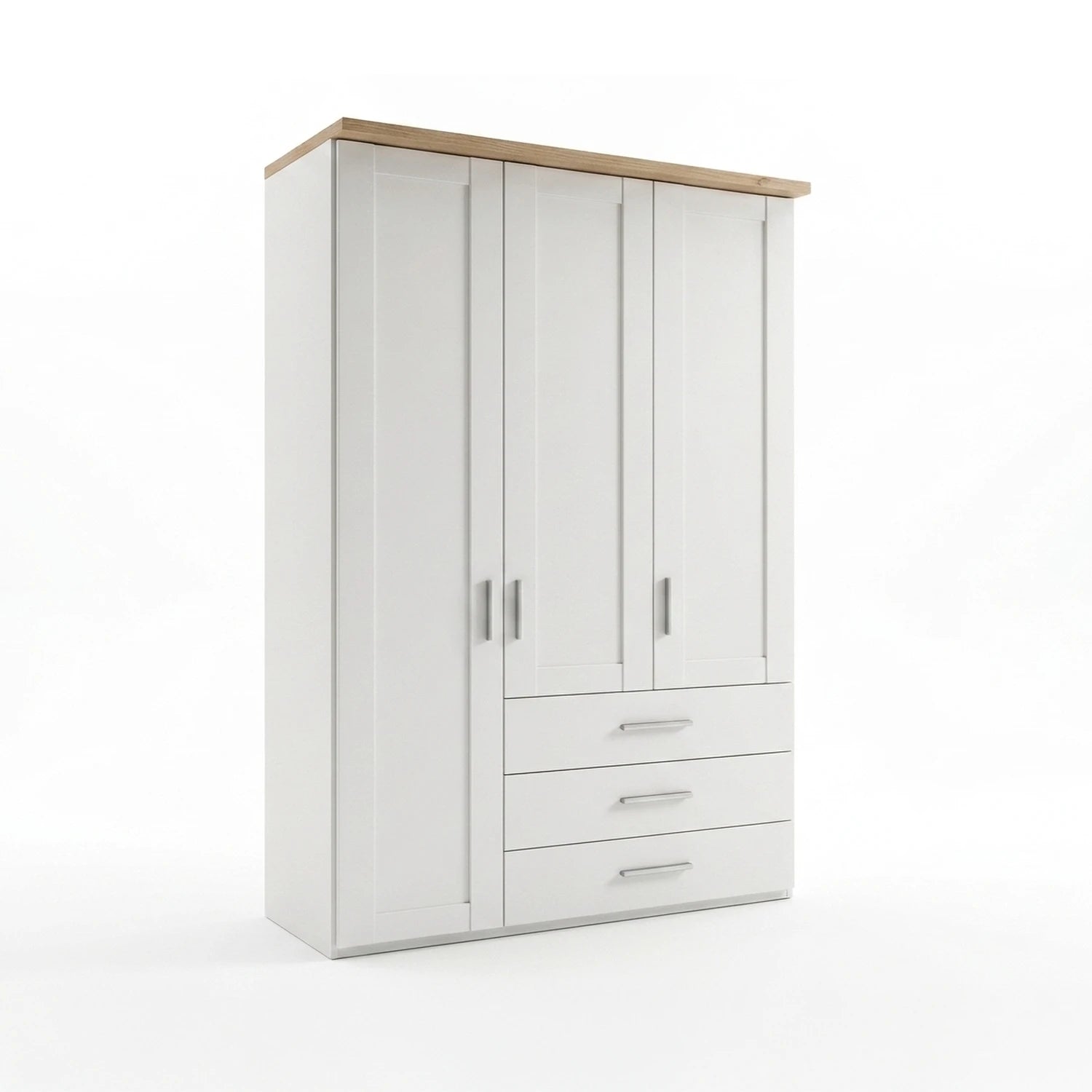 Shaker style Wiemann Kempton White 150cm 3 door wardrobe with drawers and Nordic Oak Cornice