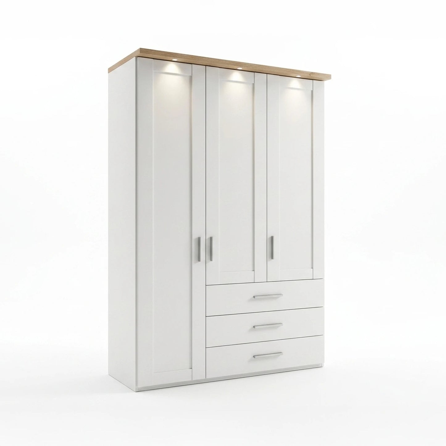 Shaker style Wiemann Kempton 150cm 3 door wardrobe with drawers in White and Nordic Oak Light Cornice