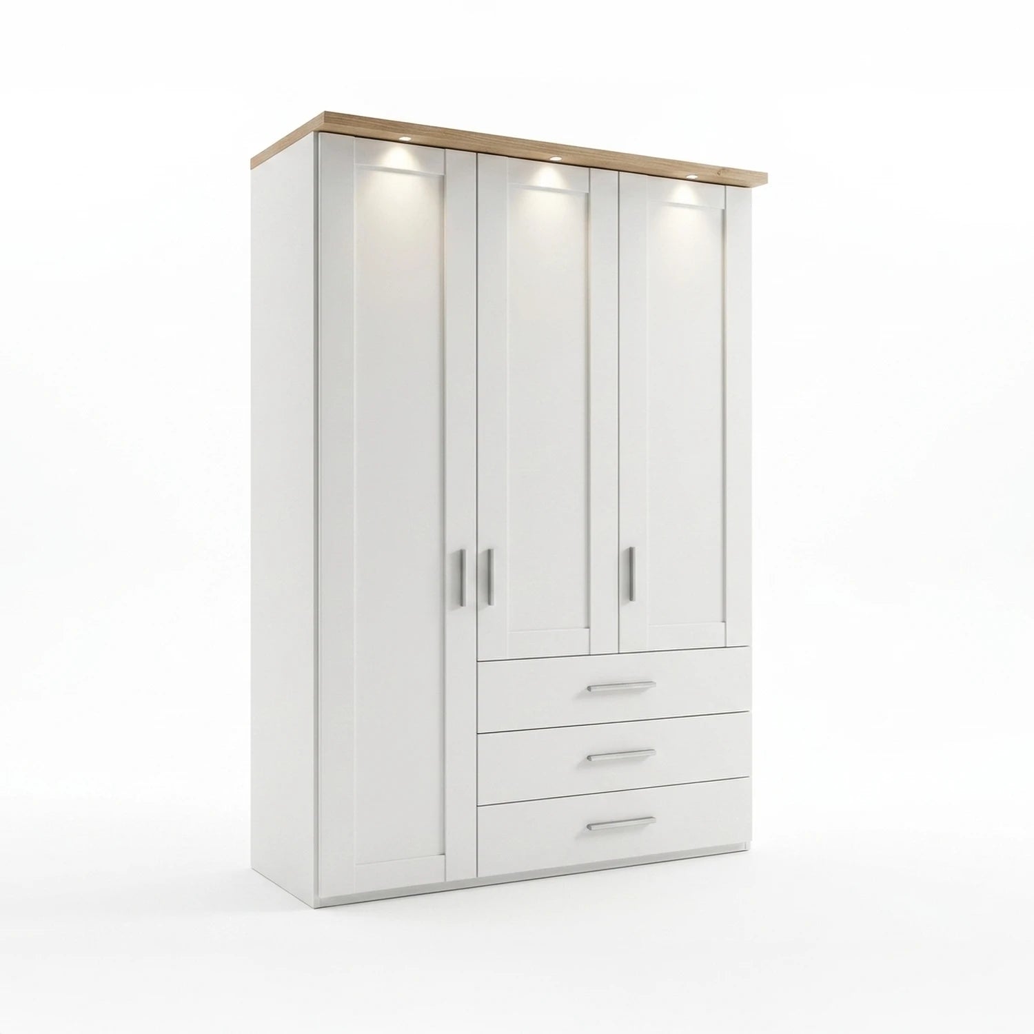 Shaker style Wiemann Kempton 150cm 3 door wardrobe with drawers in White and Nordic Oak Light Cornice