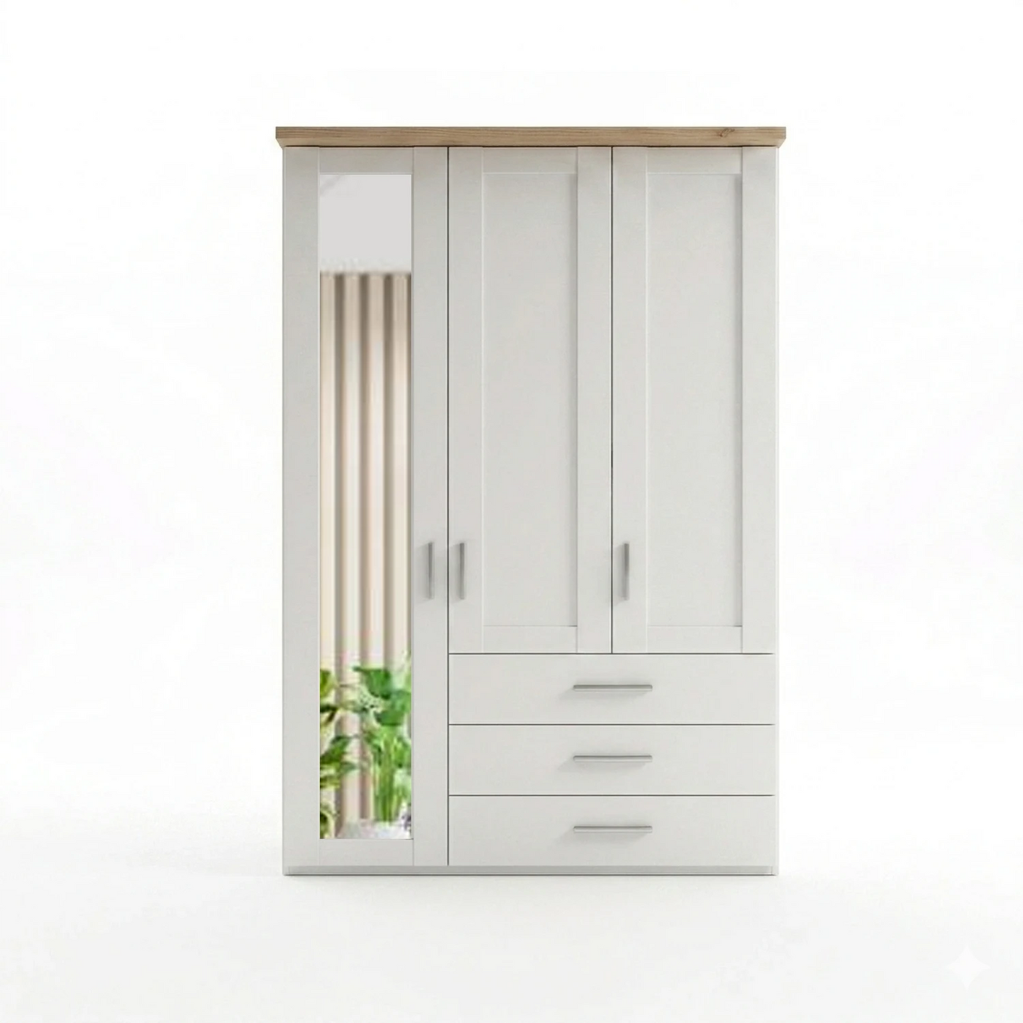 Shaker style Wiemann Kempton White 150cm 3 door wardrobe with drawers Mirror on Left door and  oak Cornice