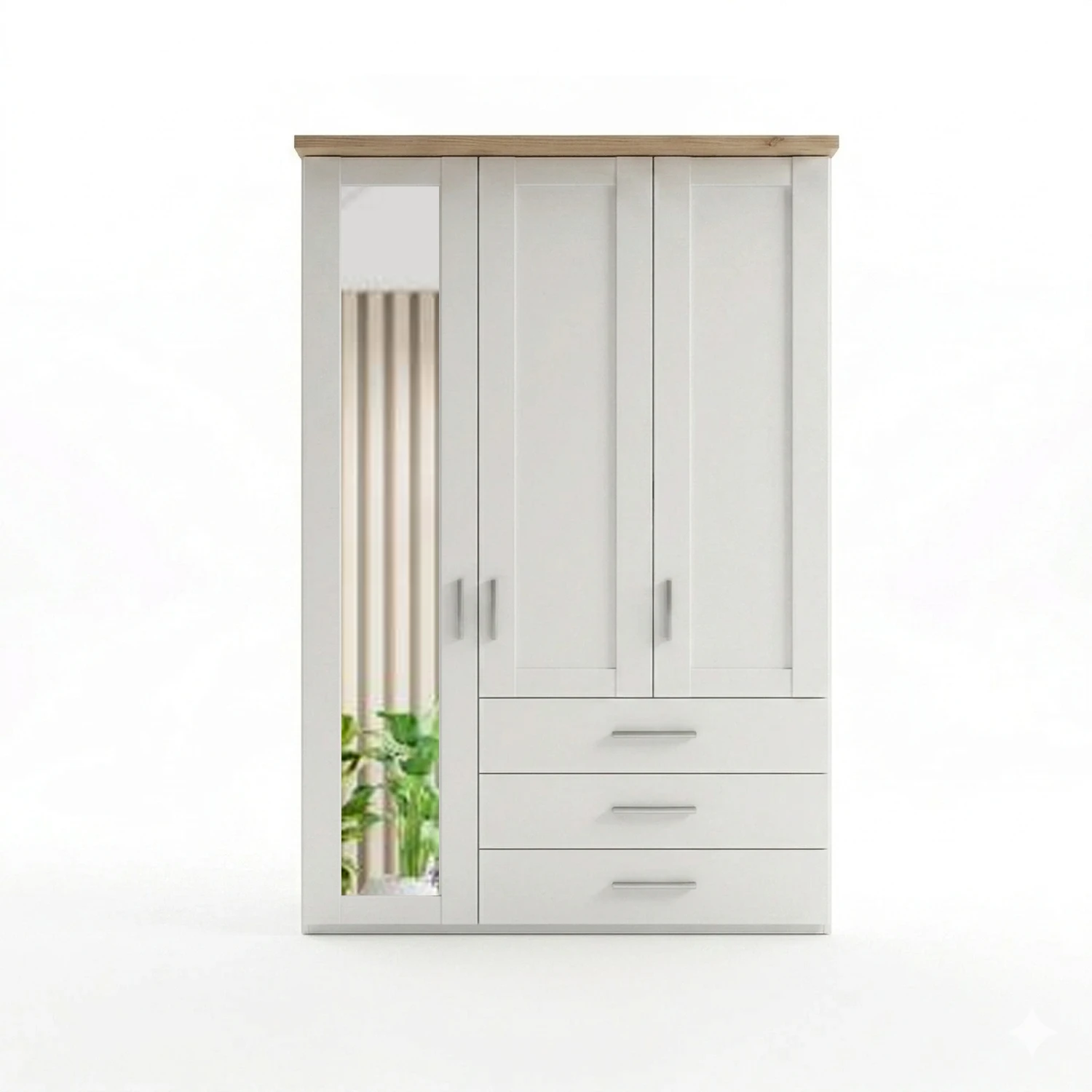 Shaker style Wiemann Kempton White 150cm 3 door wardrobe with drawers Mirror on Left door and  oak Cornice