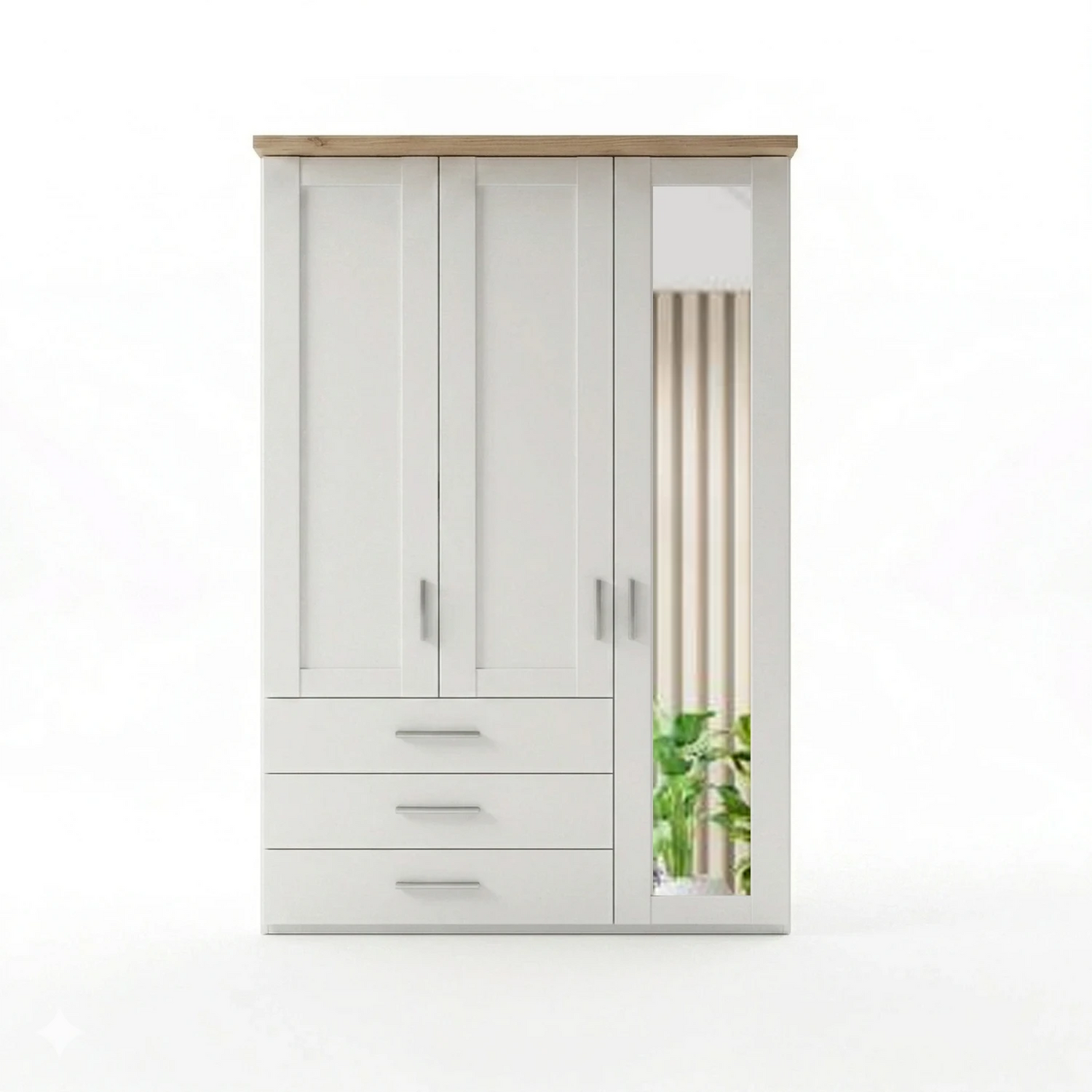 Shaker style Wiemann Kempton White 150cm 3 door wardrobe with drawers Mirror on Right door and  oak Cornice