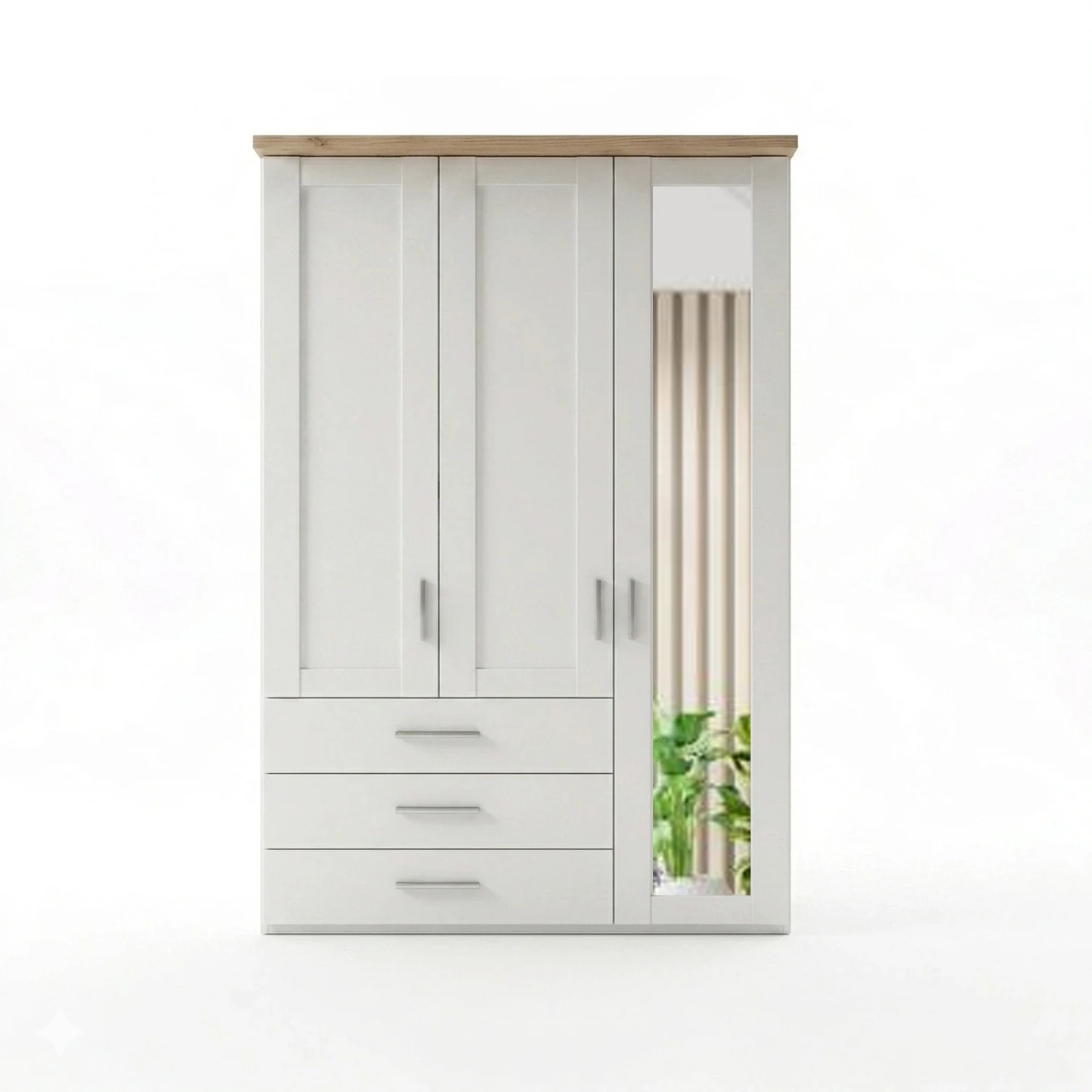 Shaker style Wiemann Kempton White 150cm 3 door wardrobe with drawers Mirror on Right door and  oak Cornice