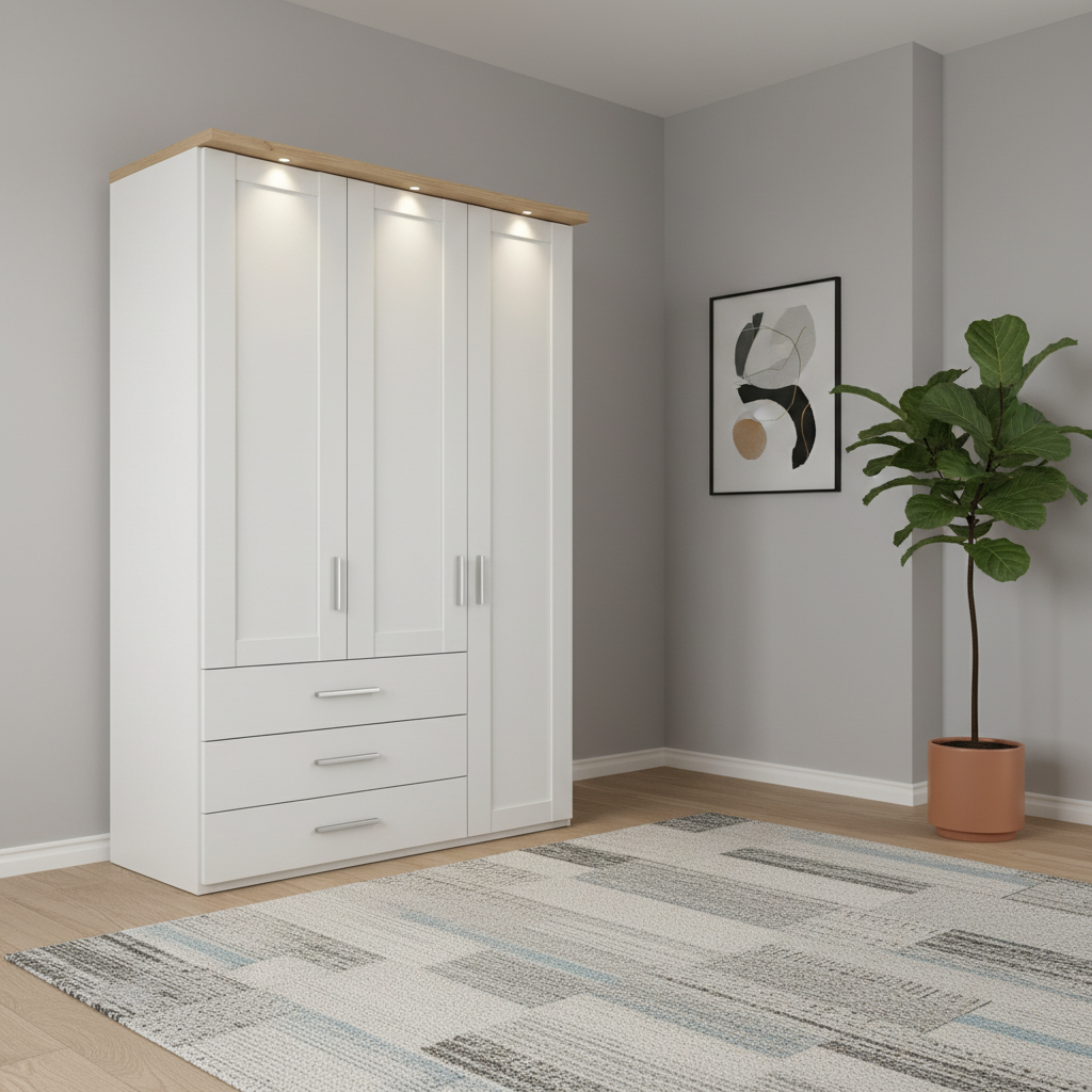 Shop the Wiemann Kempton 150cm 3 door wardrobe with drawers. Mirror options, LED cornice upgrade, free assembly and German quality.