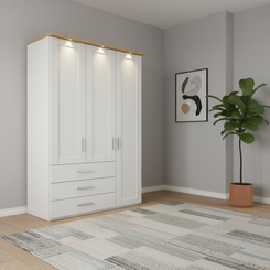 Shop the Wiemann Kempton 150cm 3 door wardrobe with drawers. Mirror options, LED cornice upgrade, free assembly and German quality.