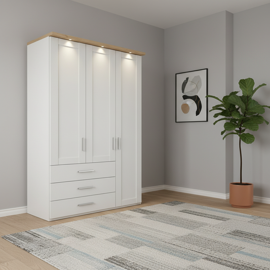 Shop the Wiemann Kempton 150cm 3 door wardrobe with drawers. Mirror options, LED cornice upgrade, free assembly and German quality.