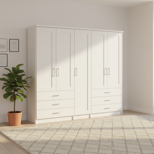 Wiemann Kempton White 250cm large 5 Door wardrobe with 6 drawers 