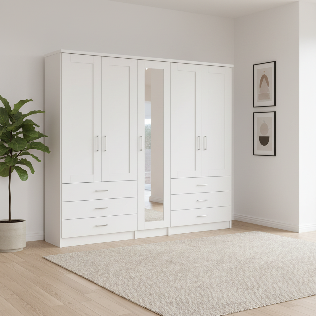 Wiemann Kempton White 250cm large 5 Door wardrobe with 6 drawers Mirror and Cornice