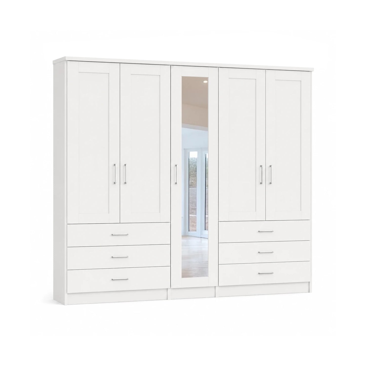 White Cottage style Kempton wardrobe with multiple doors and drawers on a white background