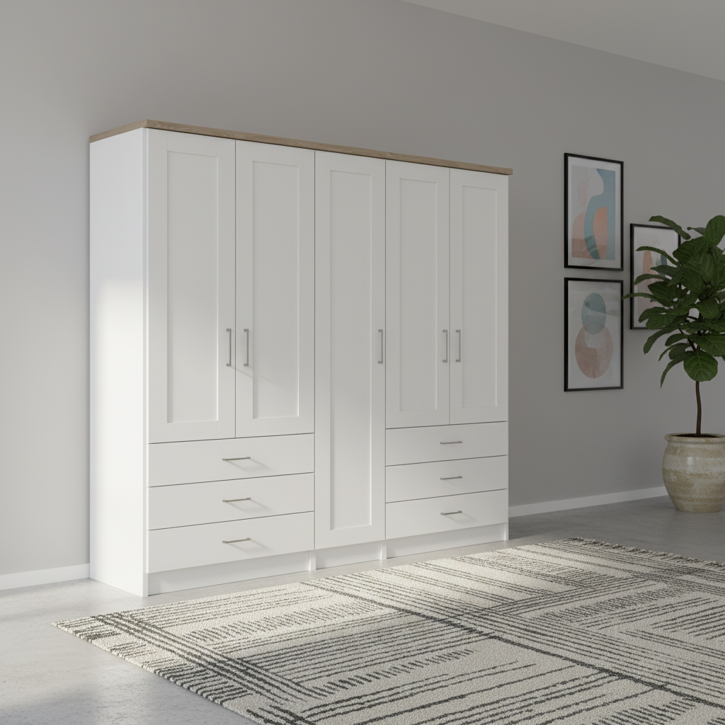 Wiemann Kempton White 250cm large 5 Door wardrobe with 6 drawers and Oak Cornice