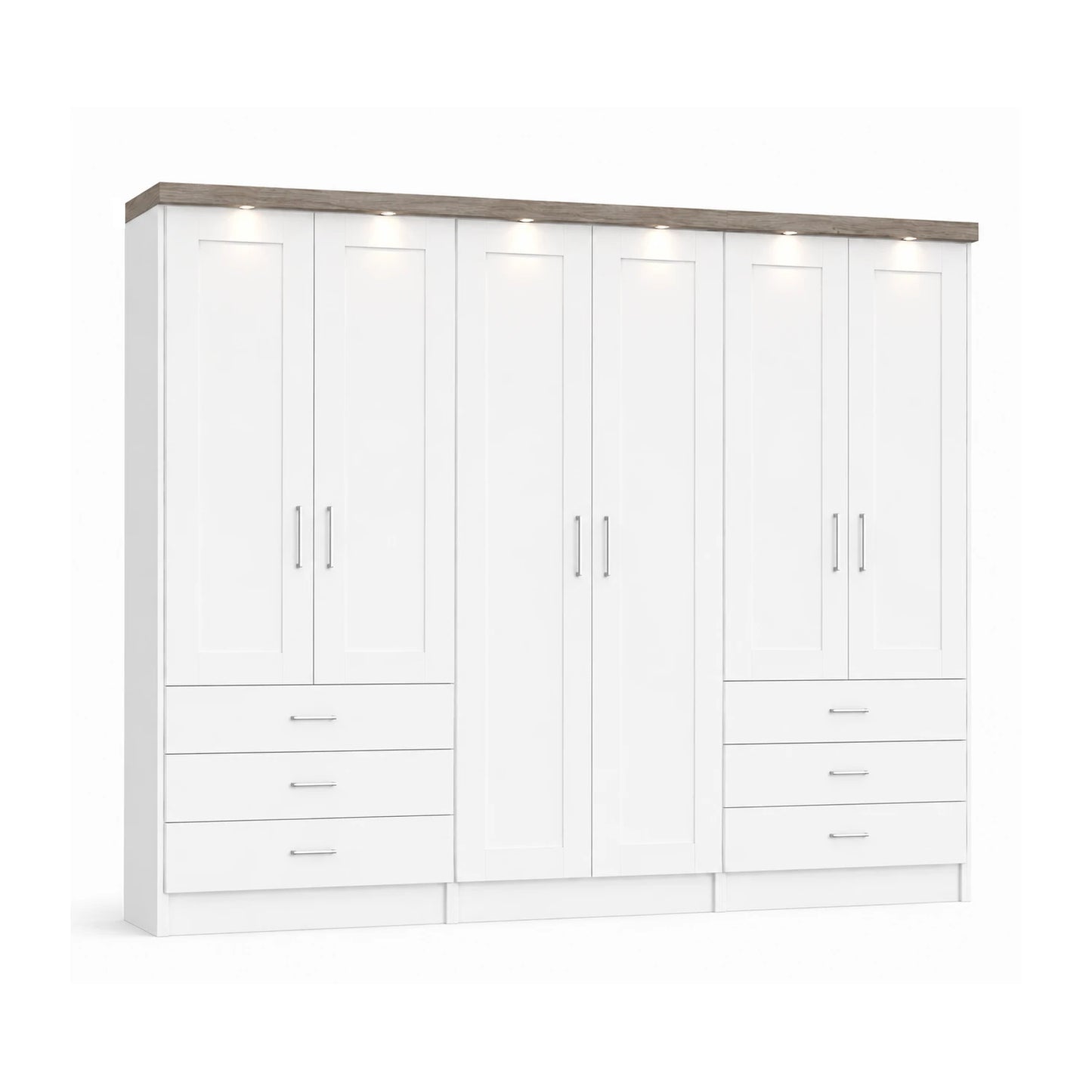 Wiemann Kempton White large 6 Door wardrobe with 6 drawers and Oak Cornice