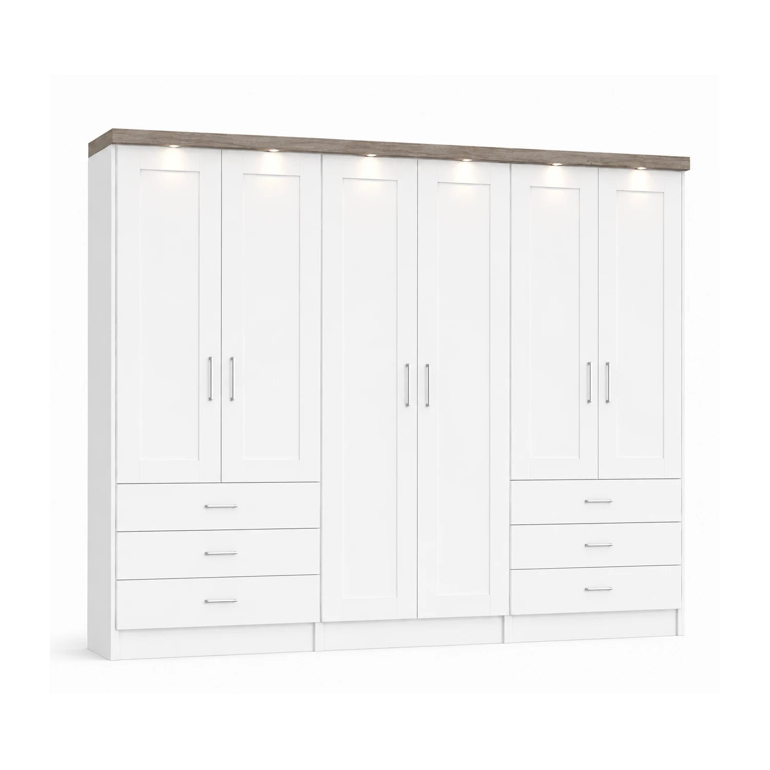 Wiemann Kempton White large 6 Door wardrobe with 6 drawers and Oak Cornice