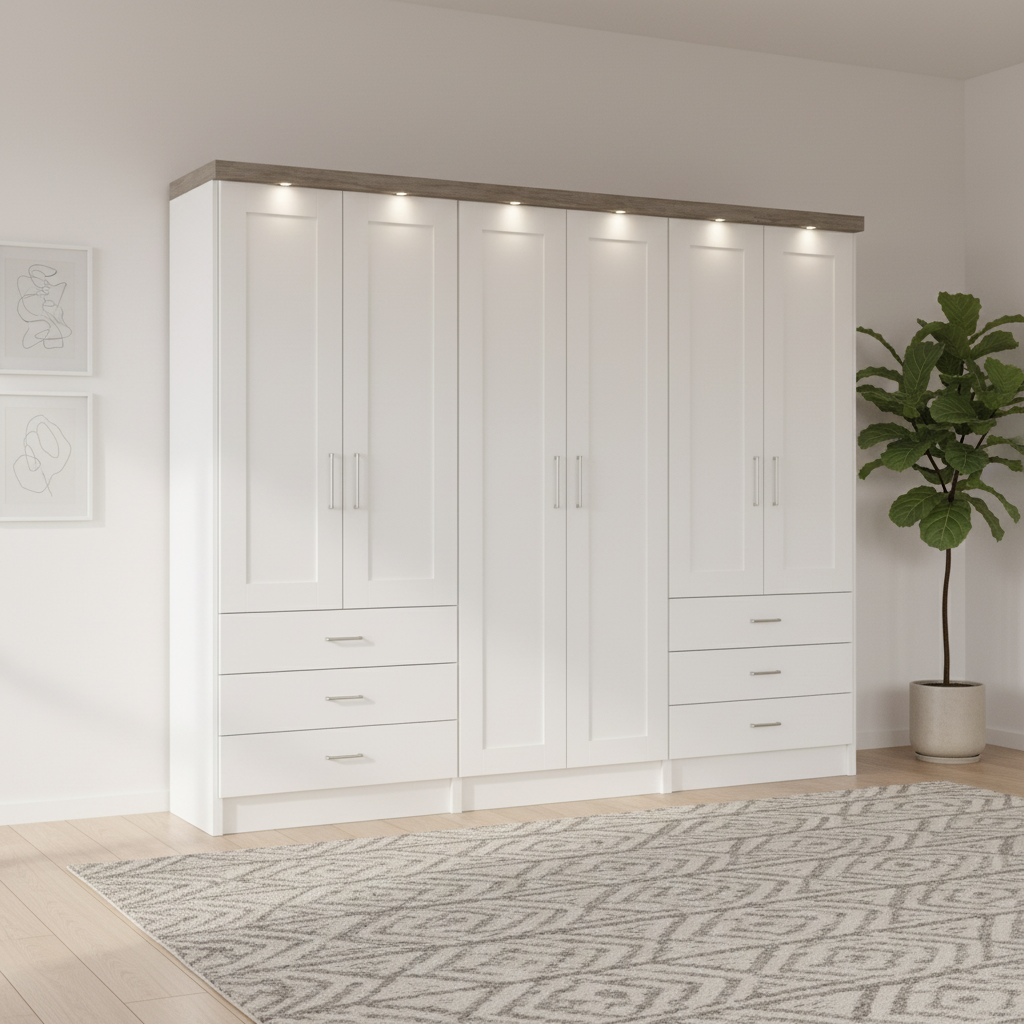 Wiemann Kempton White wardrobe with LED lights in a room with a plant and rug.