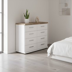 Shop the Wiemann Kempton White 8 drawer chest with Nordic Oak Top. Available in 4 colours with optional Nordic Oak top and delivered assembled.