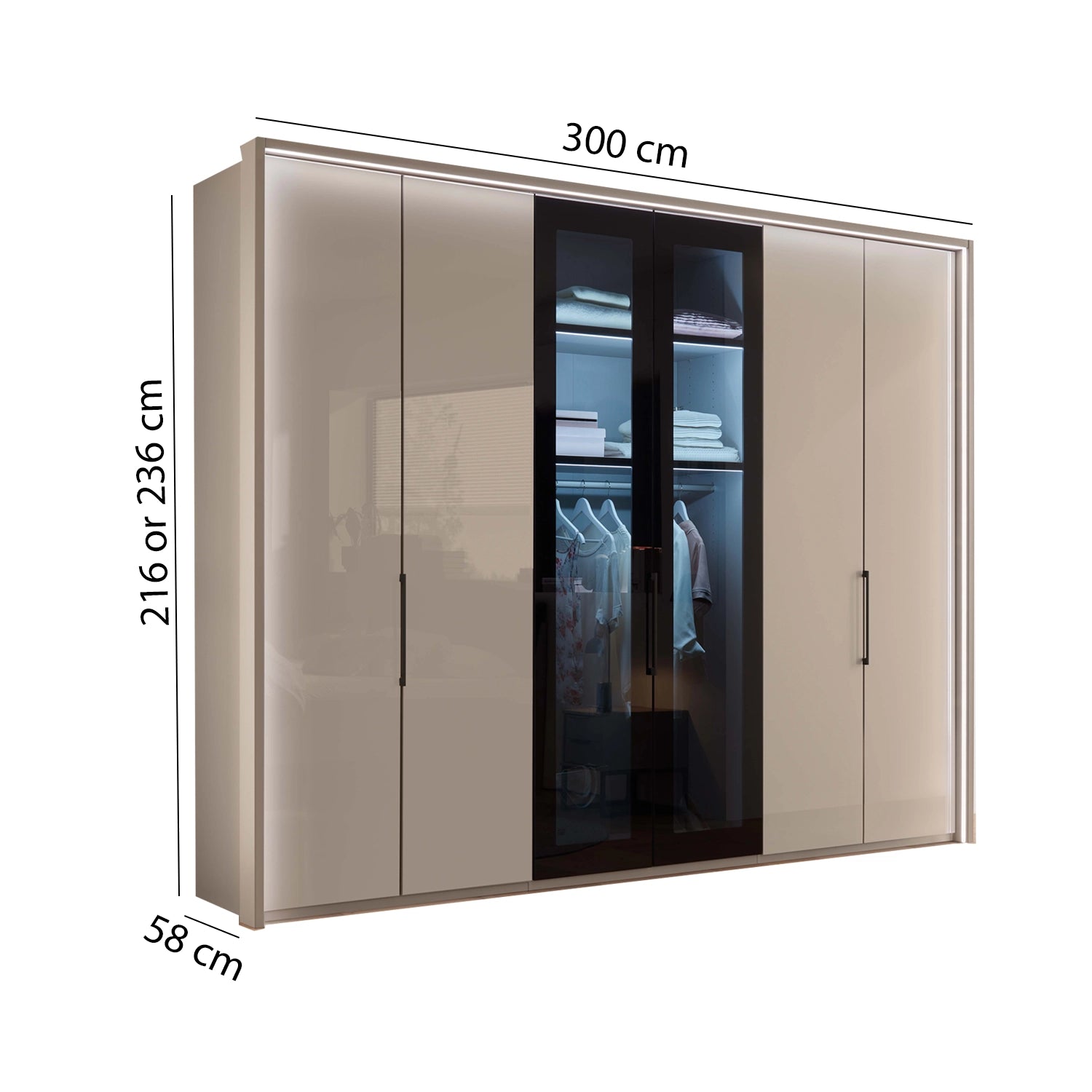 Wiemann Manchester Champagne 6 Doors Hinged Wardrobe - 300cm - Dimensions