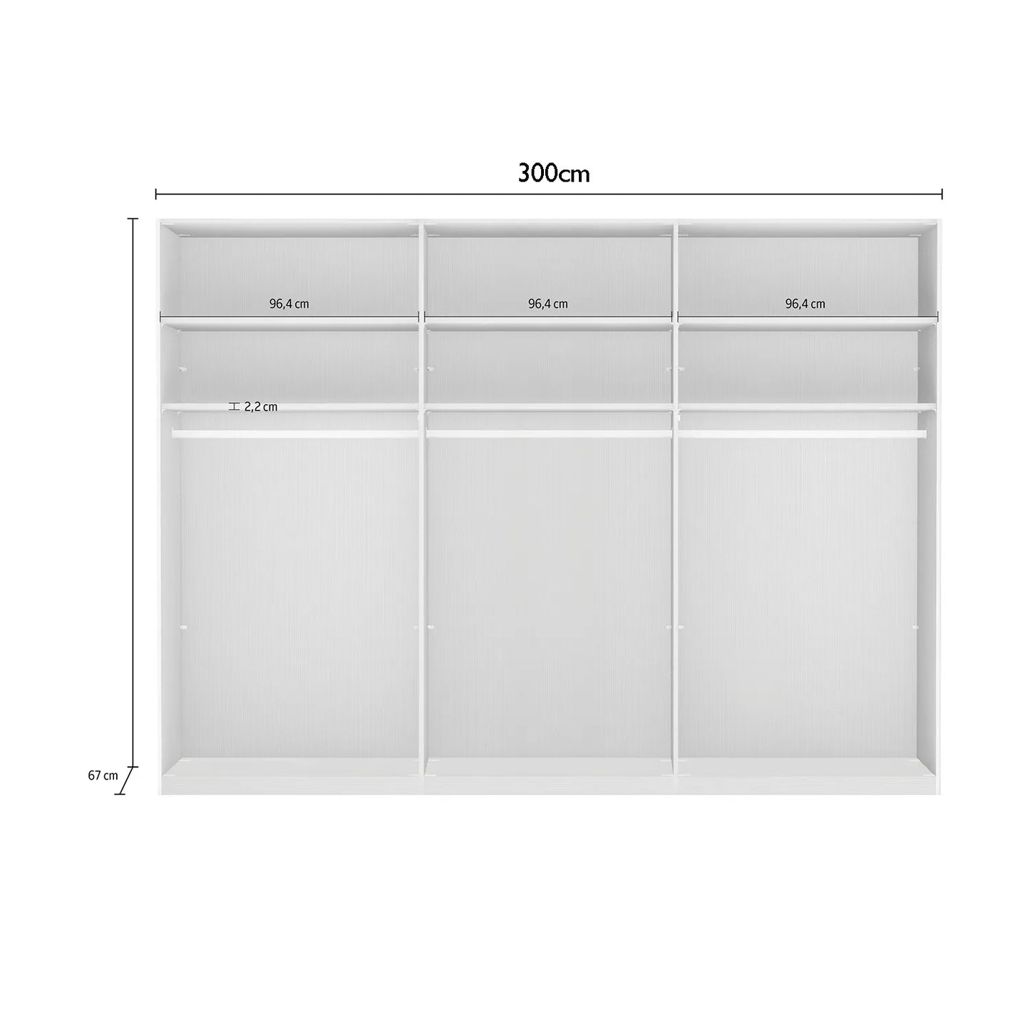 Measurement diagram of internal compartment of Wiemann 300cm Wardrobe