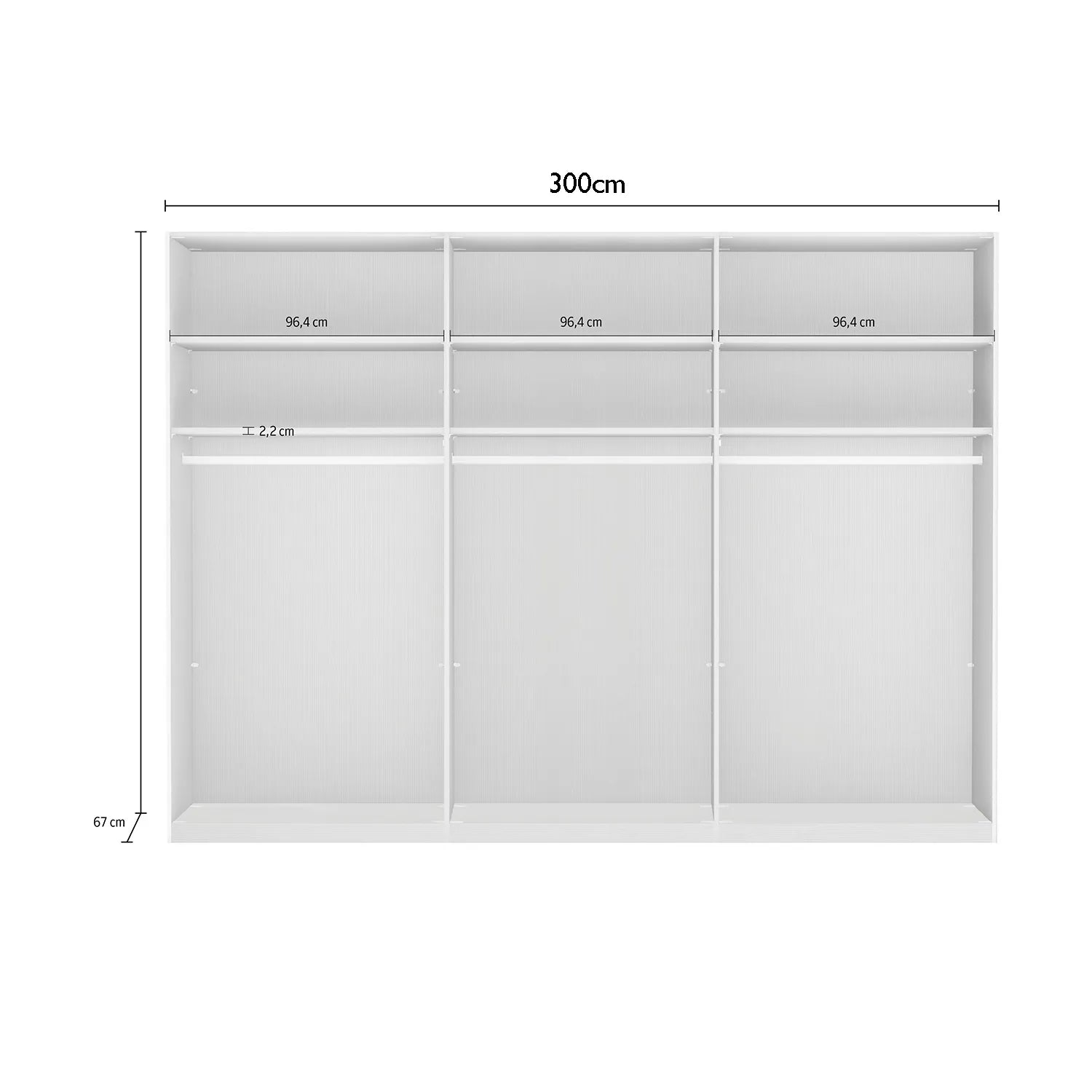 Measurement diagram of internal compartment of Wiemann 300cm Wardrobe