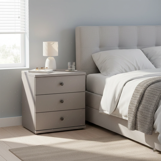 Wiemann Marlo 3 Drawer Bedside Cabinet in Pebble grey colour styled in a room