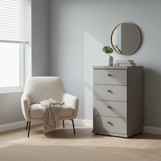 Wiemann Pebble Grey Marlo 4 Drawer Narrow Chest with round knob handles