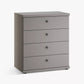 Gray dresser with four drawers on a white background