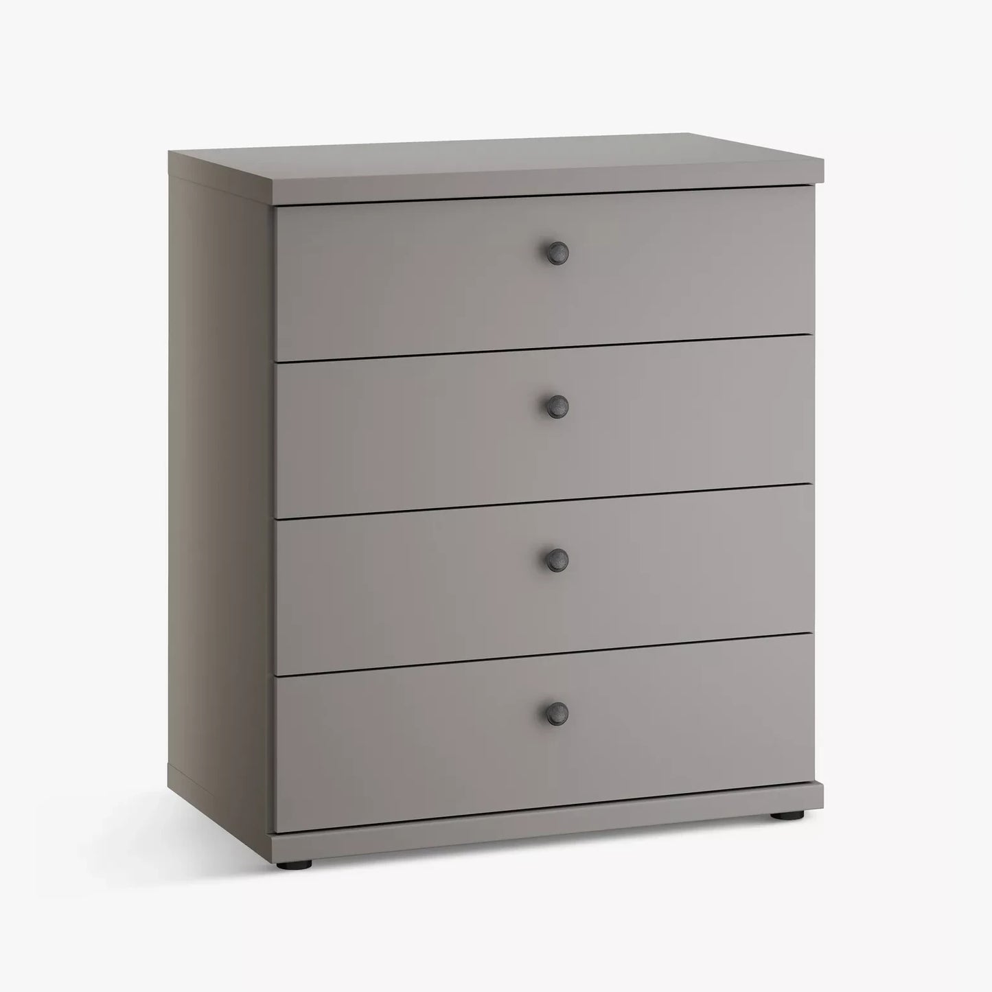 Gray dresser with four drawers on a white background