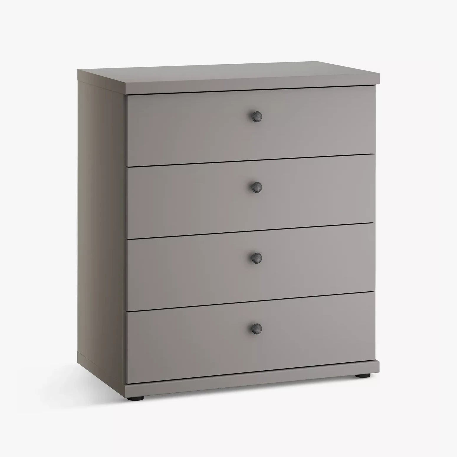 Gray dresser with four drawers on a white background
