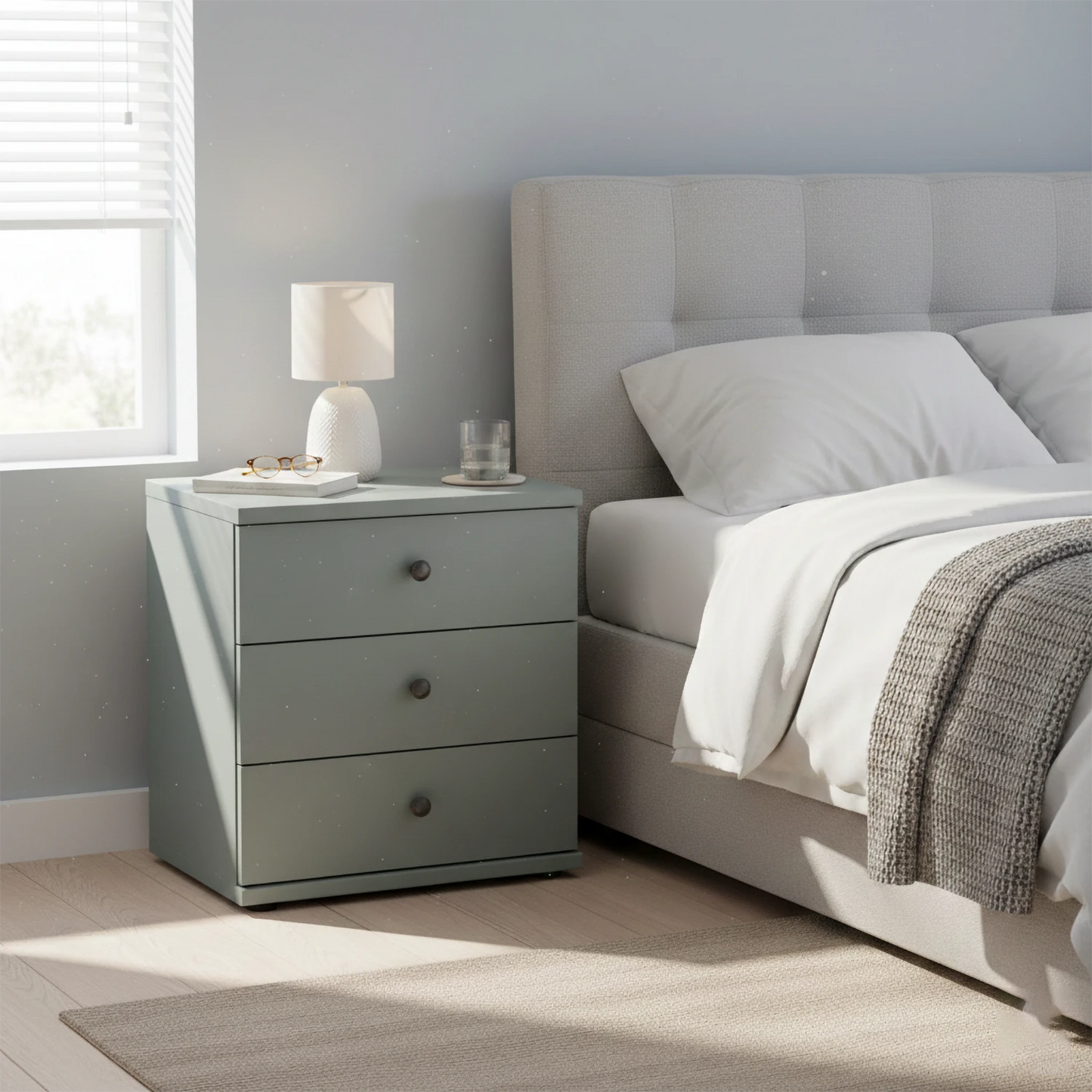 Wiemann Marlo 3 Drawer Bedside Cabinet in Sage Green colour styled in a room