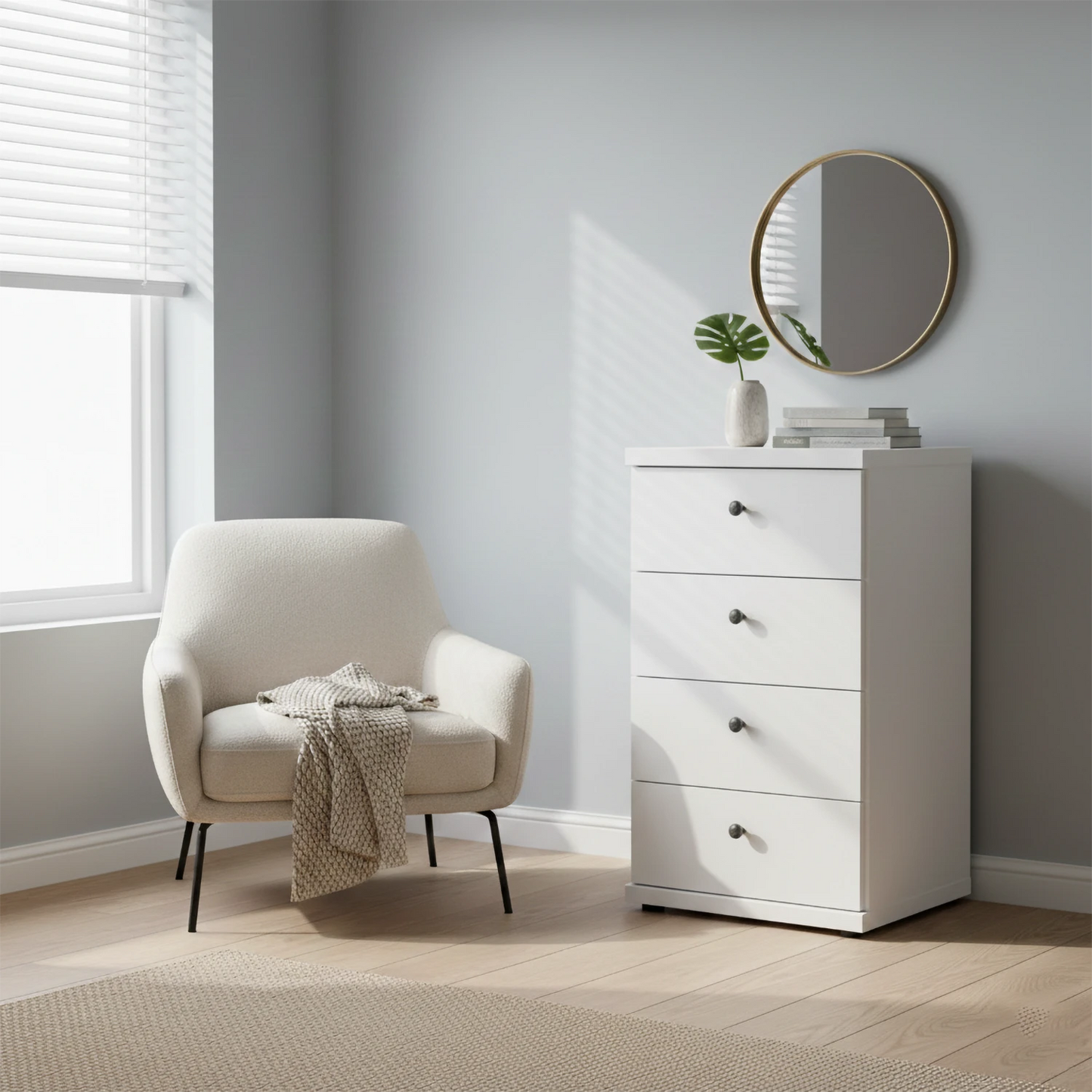 Wiemann White Marlo 4 Drawer Narrow Chest with round knob handles