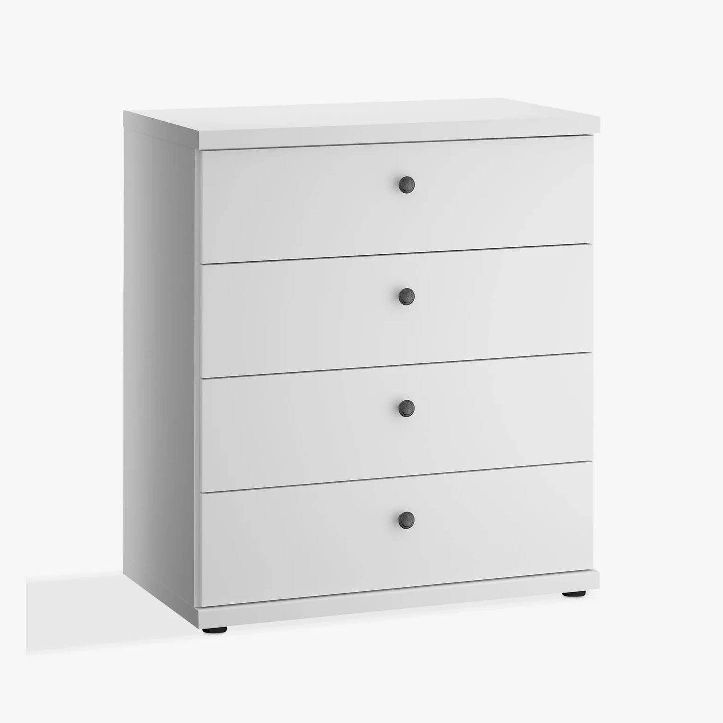 White dresser with four drawers on a white background