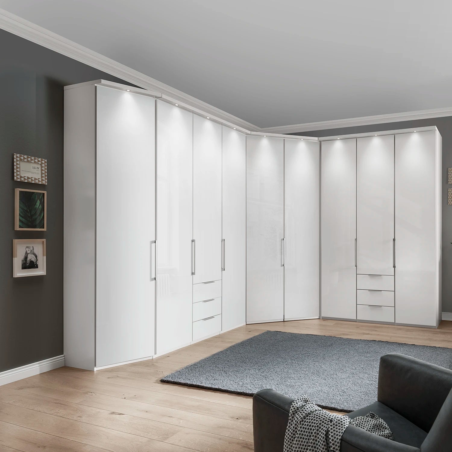 Wiemann Monaco corner wardrobe in Graphite, White, Pebble Grey, Champagne and Bianco Oak finishes