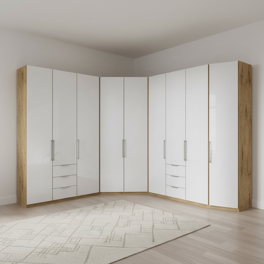 Monaco modular corner wardrobe with White Glass doors and Bianco Oak carcase