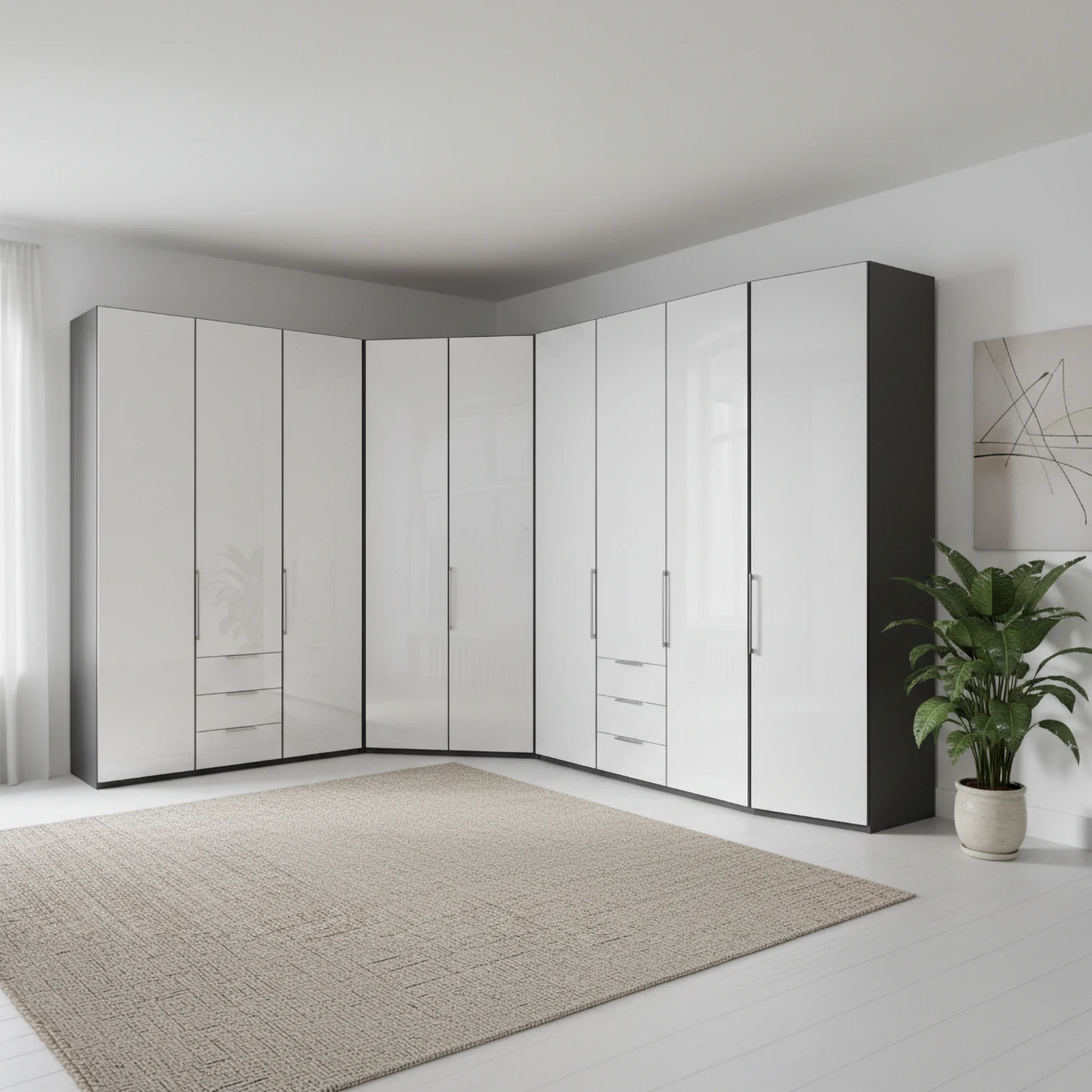 Wiemann Monaco 3 Door Corner Wardrobe with White Matt and White Glass fronts