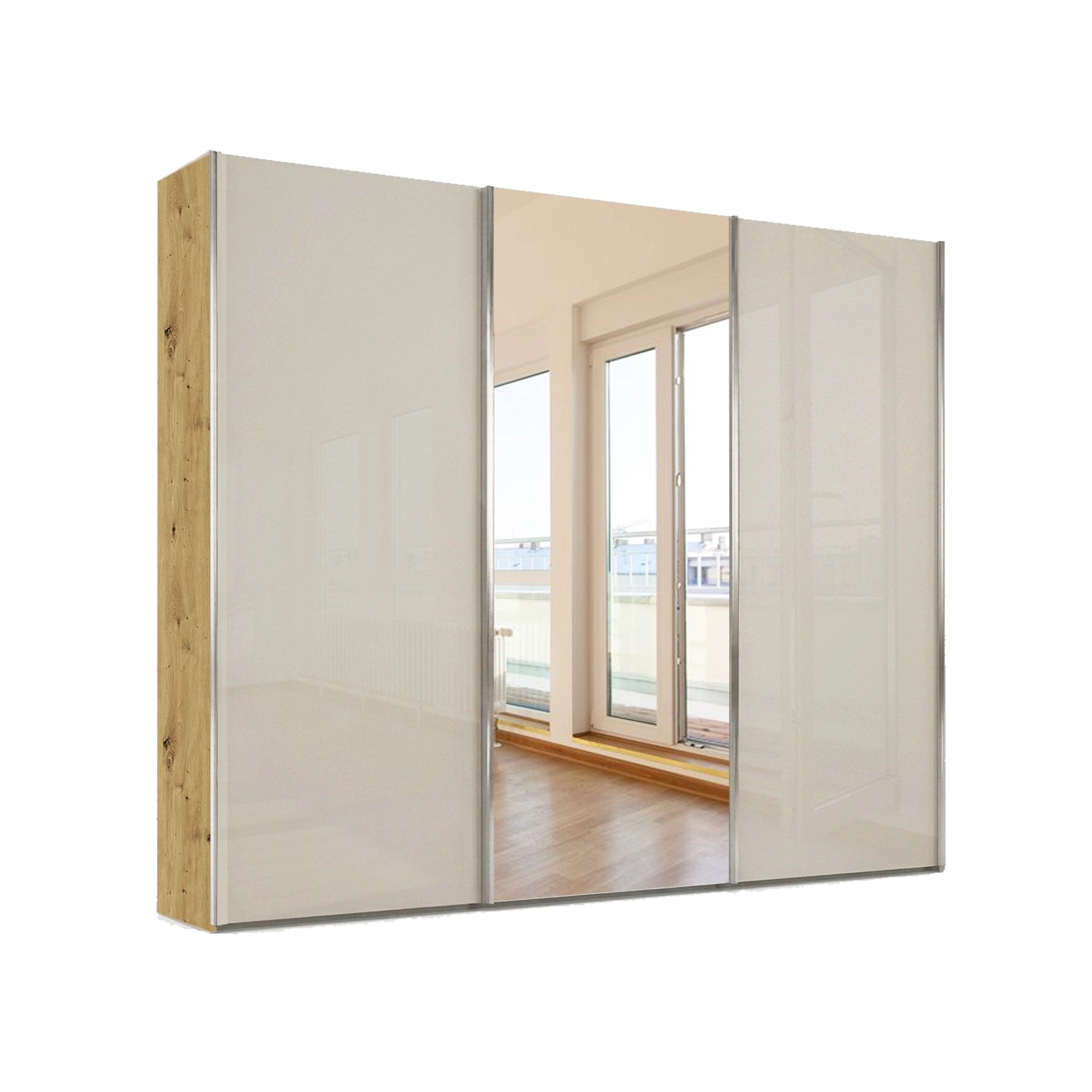 Large Sliding Wardrobe with Champagne Glass Front and Bianco Oak Carcase Colour Available in Multiple Sizes 225cm, 250cm, 280cm, 300cm, 330cm and 400cm