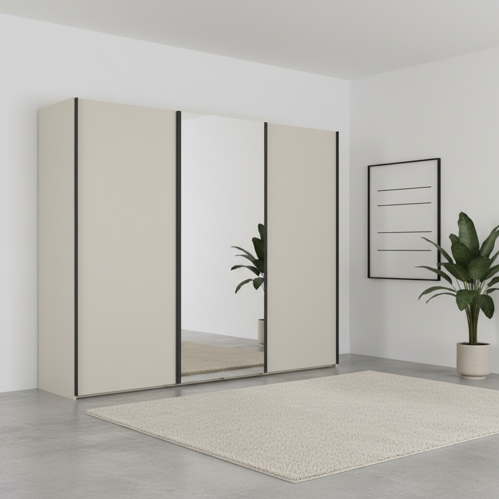 Wiemann Monaco 3000 Champagne Sliding Door Wardrobe with Mirror and Slate Handles
