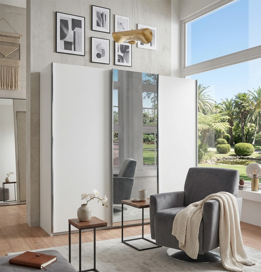 Modern room with Wiemann Monaco 3000 White sliding door wardrobe with mirror 